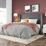 Allewie Queen Velvet Platform Bed with Vertical Channel-Tufted Wingback Headboard, Strong Wooden Slats, No Box Spring Required, Easy Assembly, Black