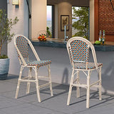 PURPLE LEAF Set of 2 French Bistro Bar Stools, 25-Inch Counter Height with Rattan Backrests, White Print Finish for Kitchen or Patio