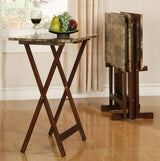 4-Piece TV Tray Table Set with Stand, Faux Marble Tops and Dark Brown Finish