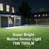 2-Pack 75W Outdoor Motion Sensor Flood Lights with Remote Control, 3 Heads, 6500K, 7500LM, IP65 Weather Resistance, Dusk-to-Dawn Lighting for Yard, Garage, Porch, or Wall
