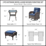 3-Piece Outdoor Patio Furniture Set with Two Swivel Rocker Chairs and Rattan Side Table, Wicker Glider Seating for Deck, Porch or Poolside, Brown and Blue