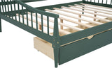 Green Full-Size Wooden Daybed with Rails on 3 Sides, Two Storage Drawers and Support Legs