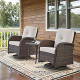 3-Piece Outdoor Patio Furniture Set with Two Swivel Rocker Chairs and Rattan Side Table, Wicker Glider Seating for Deck, Porch or Poolside, Brown and Blue