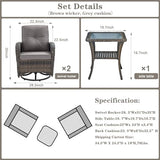 3-Piece Outdoor Patio Furniture Set with Two Swivel Rocker Chairs and Rattan Side Table, Wicker Glider Seating for Deck, Porch or Poolside, Brown and Blue
