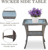 3-Piece Outdoor Patio Furniture Set with Two Swivel Rocker Chairs and Rattan Side Table, Wicker Glider Seating for Deck, Porch or Poolside, Brown and Blue