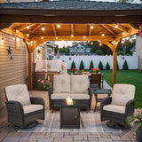 3-Piece Outdoor Patio Furniture Set with Two Swivel Rocker Chairs and Rattan Side Table, Wicker Glider Seating for Deck, Porch or Poolside, Brown and Blue