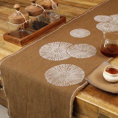Cheyenne Burlap Linen Table Runner with Hand-Printed White Dandelion Design, 100% Linen, Fringed Edge, Prewashed, Pre-Shrunk, and Machine Washable, Chocolate Brown, 14 x 36