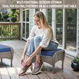 3-Piece Outdoor Patio Furniture Set with Two Swivel Rocker Chairs and Rattan Side Table, Wicker Glider Seating for Deck, Porch or Poolside, Brown and Blue