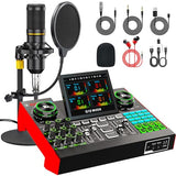 Podcast Microphone and Audio Mixer Bundle with 3.5mm Condenser Mic, Live Sound Card, Voice Changer and Denoise, Equipment for PC and Phone Streaming, Singing and Gaming