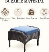 3-Piece Outdoor Patio Furniture Set with Two Swivel Rocker Chairs and Rattan Side Table, Wicker Glider Seating for Deck, Porch or Poolside, Brown and Blue