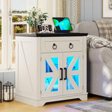 White Farmhouse End Table and Nightstand with Charging Station and LED Lights for Living Room or Bedroom