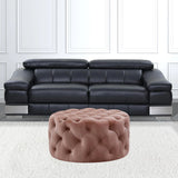 HomeRoots 490621 Tufted Round Cocktail Ottoman with Rolling Casters, Blush Velvet and Black Finish, 17 x 33 x 33 in.
