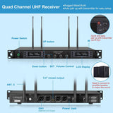 Phenyx Pro PTU-7000A Quad-Channel Wireless Microphone System with Metal Handheld Mics, 4×40 Channels, Auto Scan and 328ft Range
