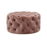 HomeRoots 490621 Tufted Round Cocktail Ottoman with Rolling Casters, Blush Velvet and Black Finish, 17 x 33 x 33 in.