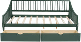 Green Full-Size Wooden Daybed with Rails on 3 Sides, Two Storage Drawers and Support Legs