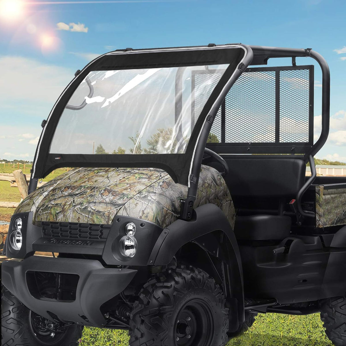 Clear Fold-Up Full Front UTV Windshield Compatible with Kawasaki Mule 600 and Mule 610XC SE SX, Kemimoto