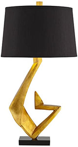 Possini Euro Design Zeus Sculptural Table Lamp, 28.5-Inch Mid-Century Modern Design with Gold Leaf Metal and Black Fabric Tapered Drum Shade