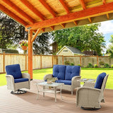 3-Piece Outdoor Patio Furniture Set with Two Swivel Rocker Chairs and Rattan Side Table, Wicker Glider Seating for Deck, Porch or Poolside, Brown and Blue