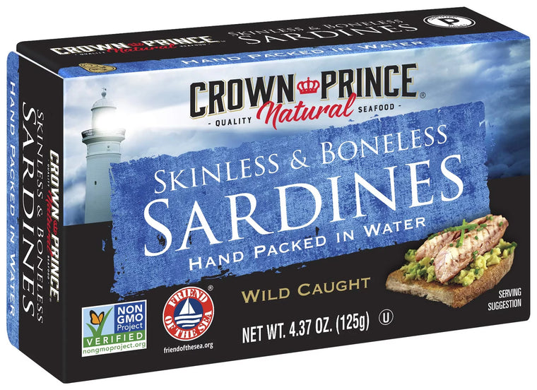 Crown Prince Natural Skinless and Boneless Sardines in Water, 4.37-Ounce Cans, Pack of 12