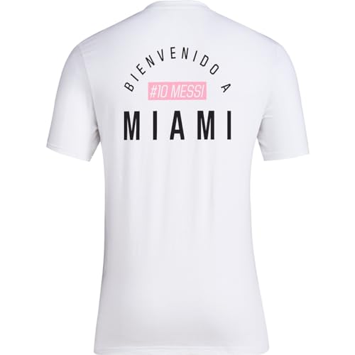 adidas Mens Soccer Messi X Miami Bienvenido a Miami Tee with Messi Graphic, Logo, and #10, Black & White