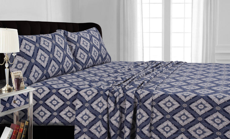 King Damask-Printed Flannel Sheet Set with 200-GSM Fabric and Deep Pockets