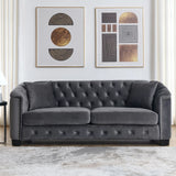 77-Inch Velvet Chesterfield Sofa with Tufted Backrests, Nailhead Arms and 2 Cushions, 3-Seater Living Room Furniture in Grey