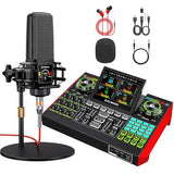 Podcast Microphone and Audio Mixer Bundle with 3.5mm Condenser Mic, Live Sound Card, Voice Changer and Denoise, Equipment for PC and Phone Streaming, Singing and Gaming