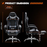 DUMOS Grey Ergonomic Gaming Chair for Adults, PU Leather Recliner with Footrest, Lumbar Support and Headrest, Featuring Fixed Armrests, Height Adjustment and 360° Swivel