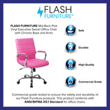Emma + Oliver Mid-Back Executive Office Chair in Pink Vinyl with Arms, Chrome Base & Swivel Design