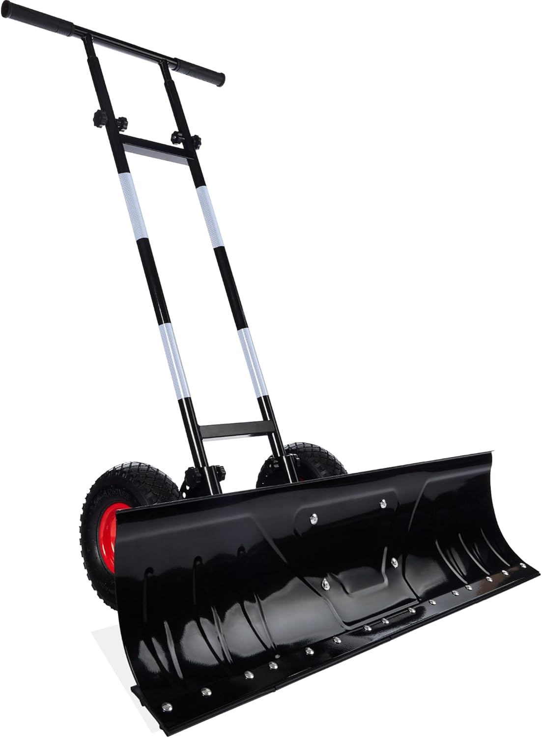 36in Galvanized Heavy-Duty Snow Pusher with 2 Wheels, Adjustable Handle & Blade Angle for Snow Removal, Black