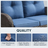 3-Piece Outdoor Patio Furniture Set with Two Swivel Rocker Chairs and Rattan Side Table, Wicker Glider Seating for Deck, Porch or Poolside, Brown and Blue