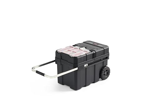 Keter Masterloader Black Resin Rolling Tool Box with Locking System and Removable Bins for Power Drills, Tape Measures and Screwdrivers