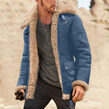Mens Leather Motorcycle Jacket with Turn-Down Collar, Warm Winter Coat for Biking, Hunting and Outdoor Wear