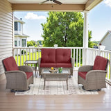 3-Piece Outdoor Patio Furniture Set with Two Swivel Rocker Chairs and Rattan Side Table, Wicker Glider Seating for Deck, Porch or Poolside, Brown and Blue