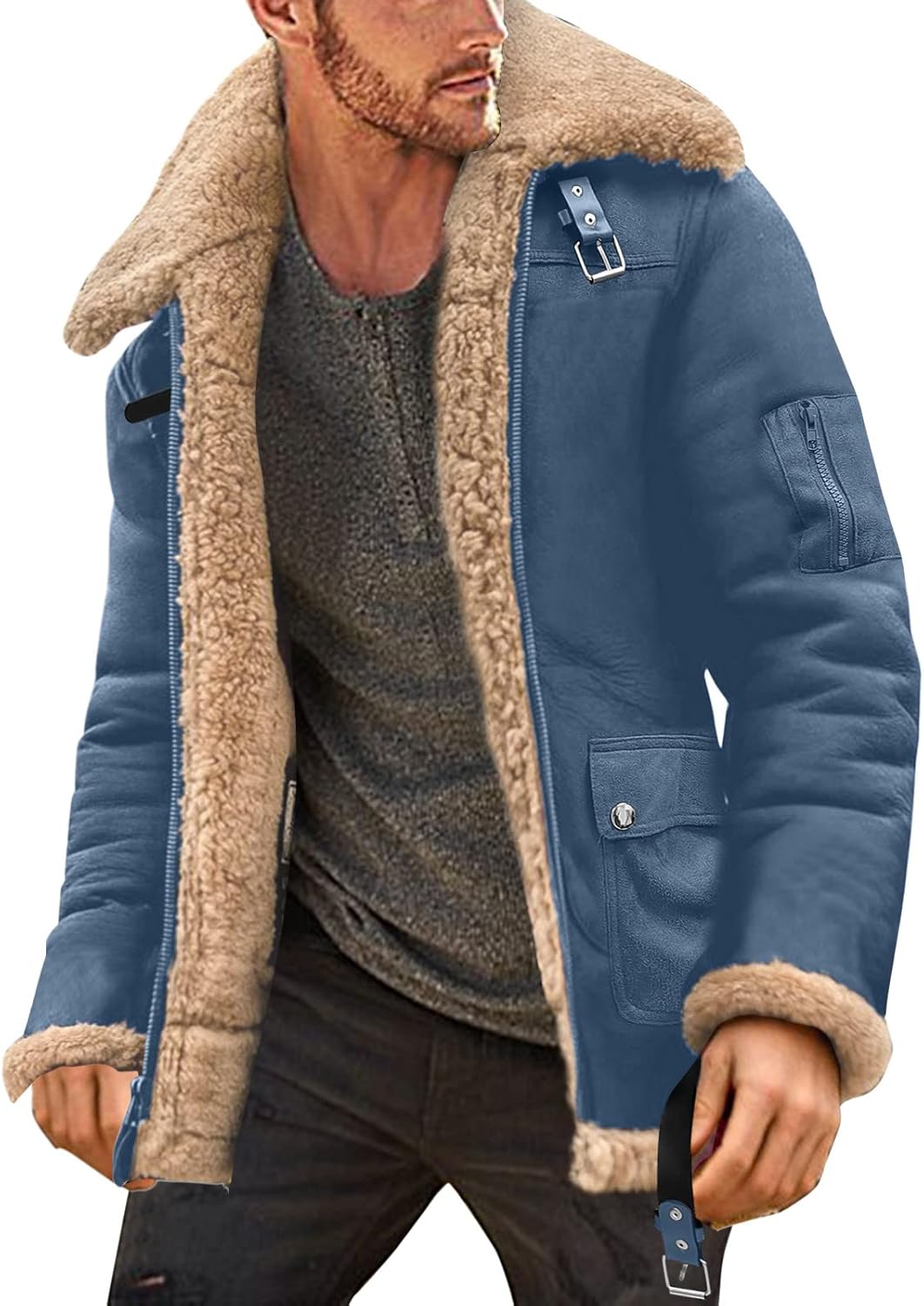 Mens Leather Motorcycle Jacket with Turn-Down Collar, Warm Winter Coat for Biking, Hunting and Outdoor Wear