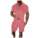 Mens Medium Two-Piece Casual Striped Print Suit with Zipper Short-Sleeve Top and Drawstring Shorts with Pockets