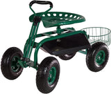 Sunnydaze Green Garden Cart with Rolling Scooter Seat, Extendable Steering Handle, Swivel Seat and Utility Tool Tray