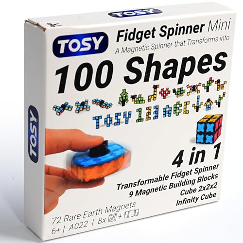 TOSY Mini Magnetic Fidget Spinner 4-Pack with 8 Blocks, Transformable 3-in-1 Toy Featuring an Infinity Cube, 2×2 Puzzle Cube and STEM Magnet Tiles for Kids, Teens and Adults