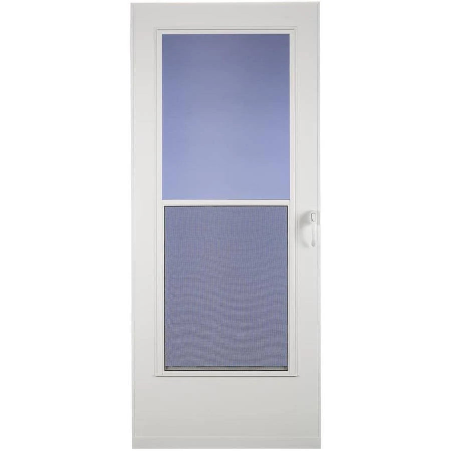 Larson 38005033274 Universal Reversible Storm Door, 32-in x 74-in White Mid-View Design with Wood Core